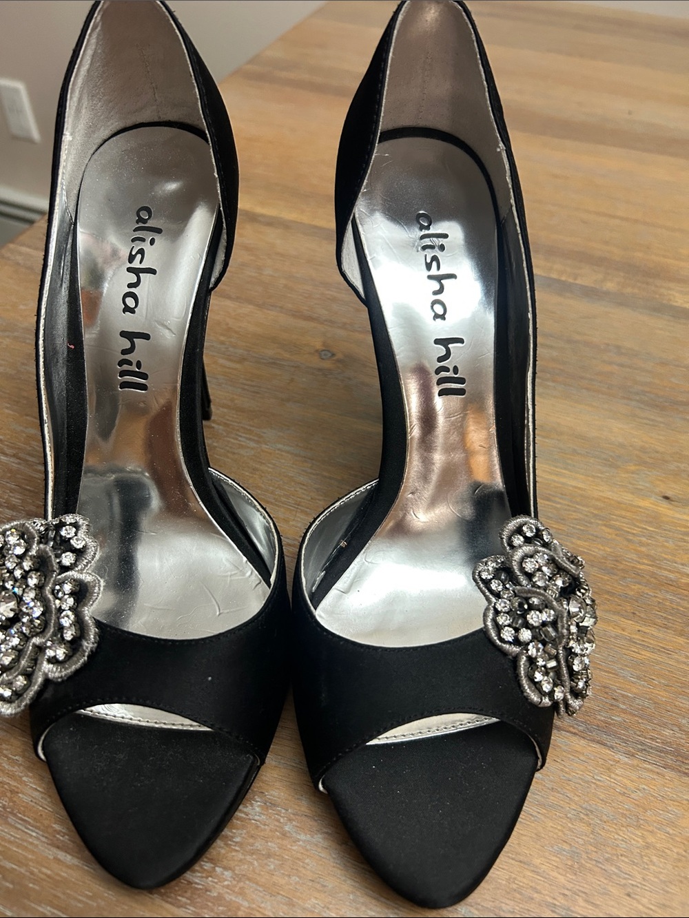 Alisha Hill Black Satin Peep-Toe Heels with Crystal Floral Brooch